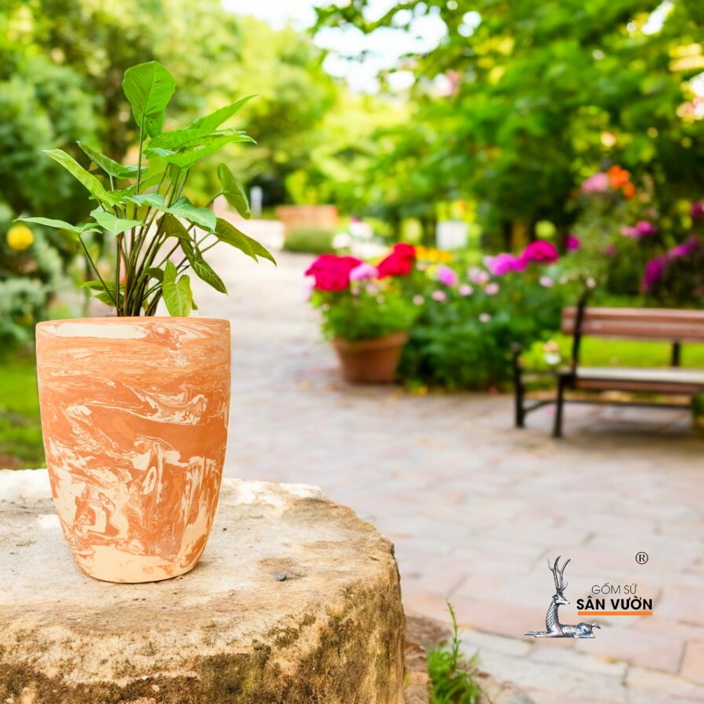 Bộ 3 Chậu Gốm Đất Nung Dáng Vót Cao Miệng Giả Loang Marble Trồng Kiểng Lá - Gốm Sứ Sân Vườn