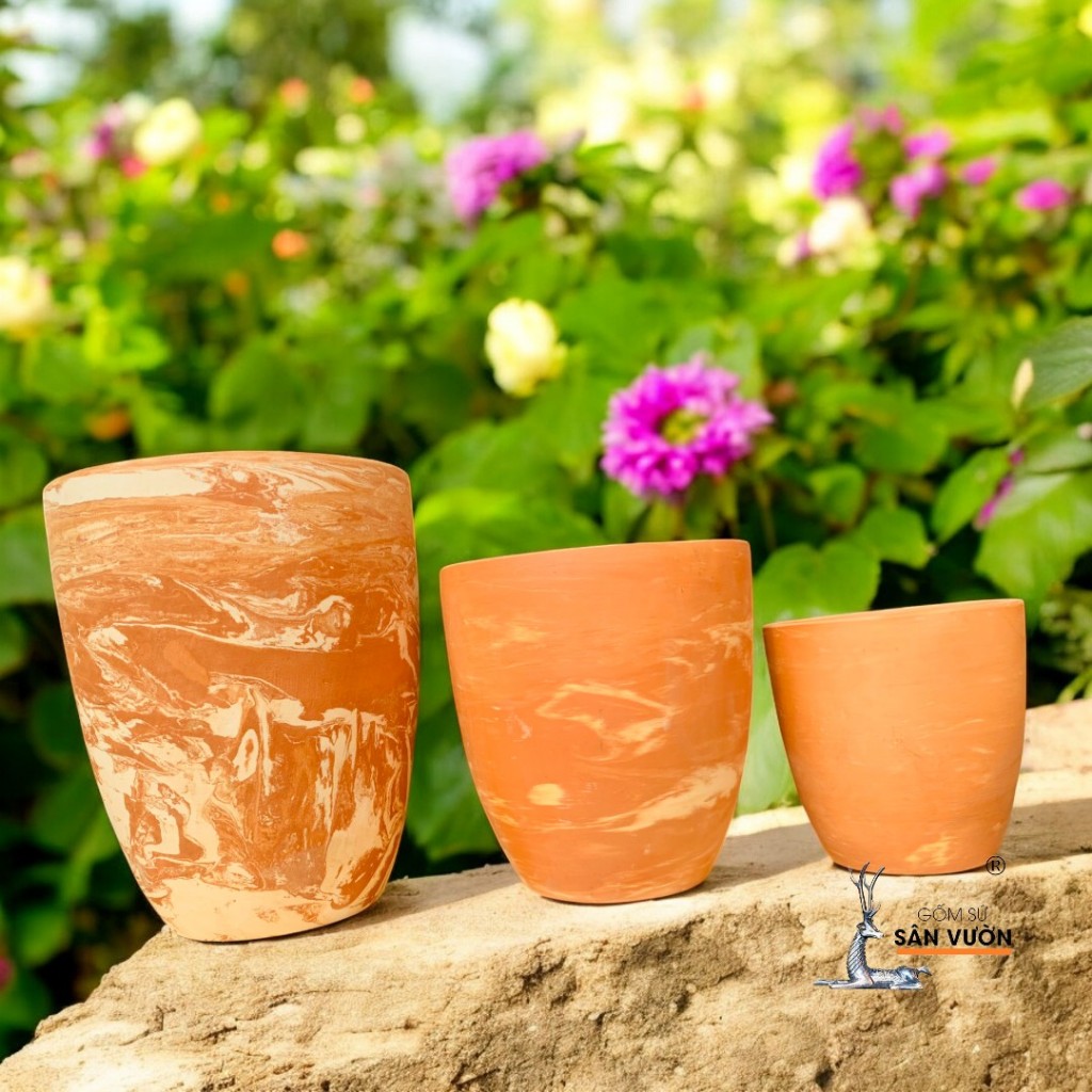 Bộ 3 Chậu Gốm Đất Nung Dáng Vót Cao Miệng Giả Loang Marble Trồng Kiểng Lá - Gốm Sứ Sân Vườn