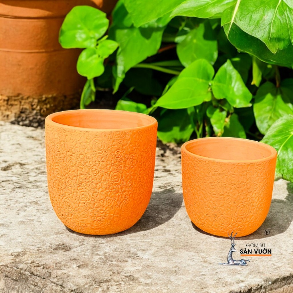 Chậu Gốm Đất Nung Dáng Trứng Vân Hoa Hồng - Gốm Sứ Sân Vườn