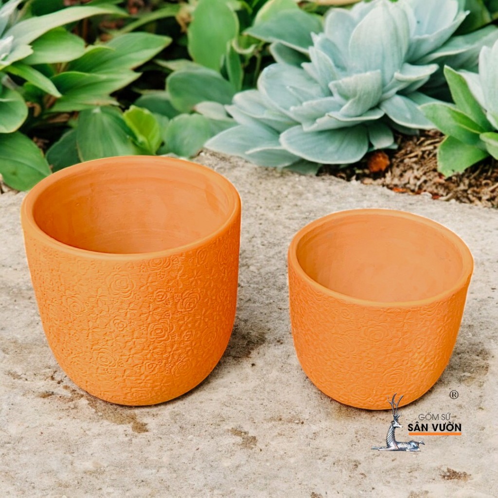 Chậu Gốm Đất Nung Dáng Trứng Vân Hoa Cúc - Gốm Sứ Sân Vườn