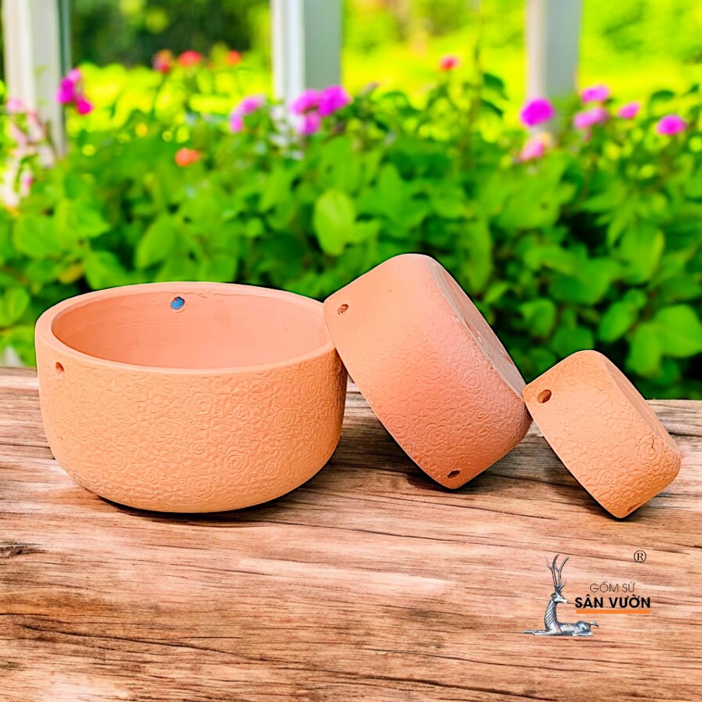 Chậu Treo Dây Gốm Đất Nung Vân Hoa Hồng - Gốm Sứ Sân Vườn