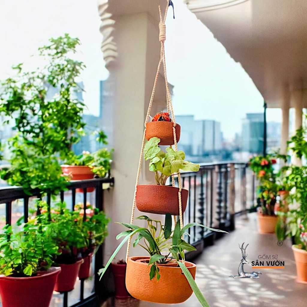 Chậu Treo Dây Gốm Đất Nung Vân Hoa Hồng - Gốm Sứ Sân Vườn