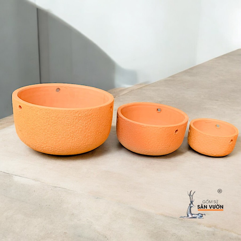 Chậu Treo Dây Gốm Đất Nung Vân Hoa Hồng - Gốm Sứ Sân Vườn
