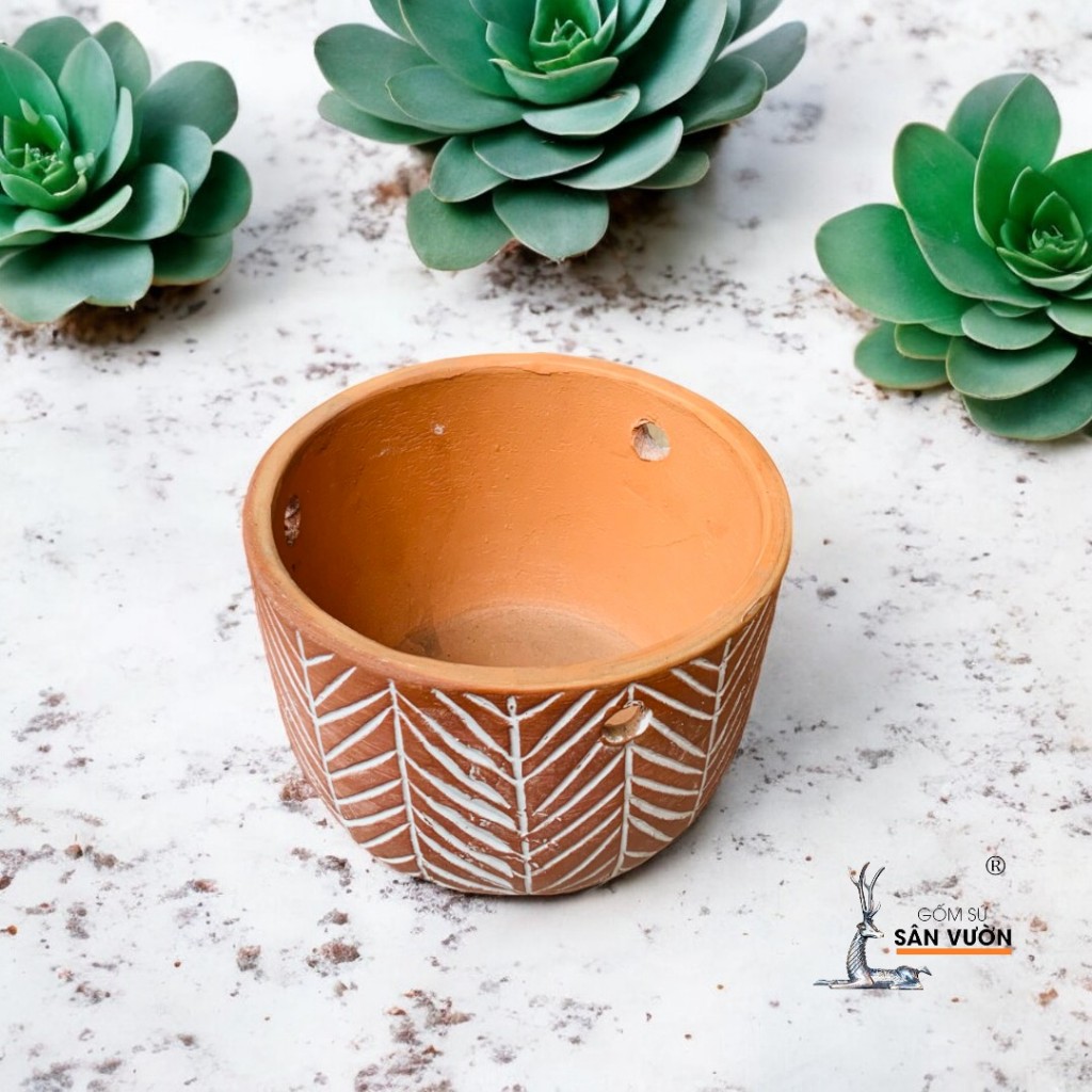 Chậu Treo Dây Gốm Đất Nung Hoa Văn Xương Cá - Gốm Sứ Sân Vườn