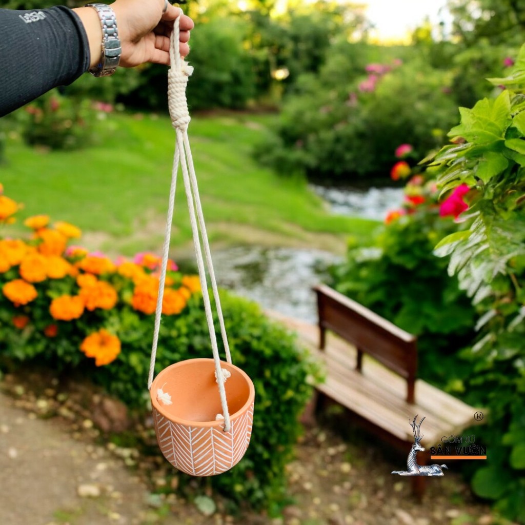 Chậu Treo Dây Gốm Đất Nung Hoa Văn Xương Cá - Gốm Sứ Sân Vườn