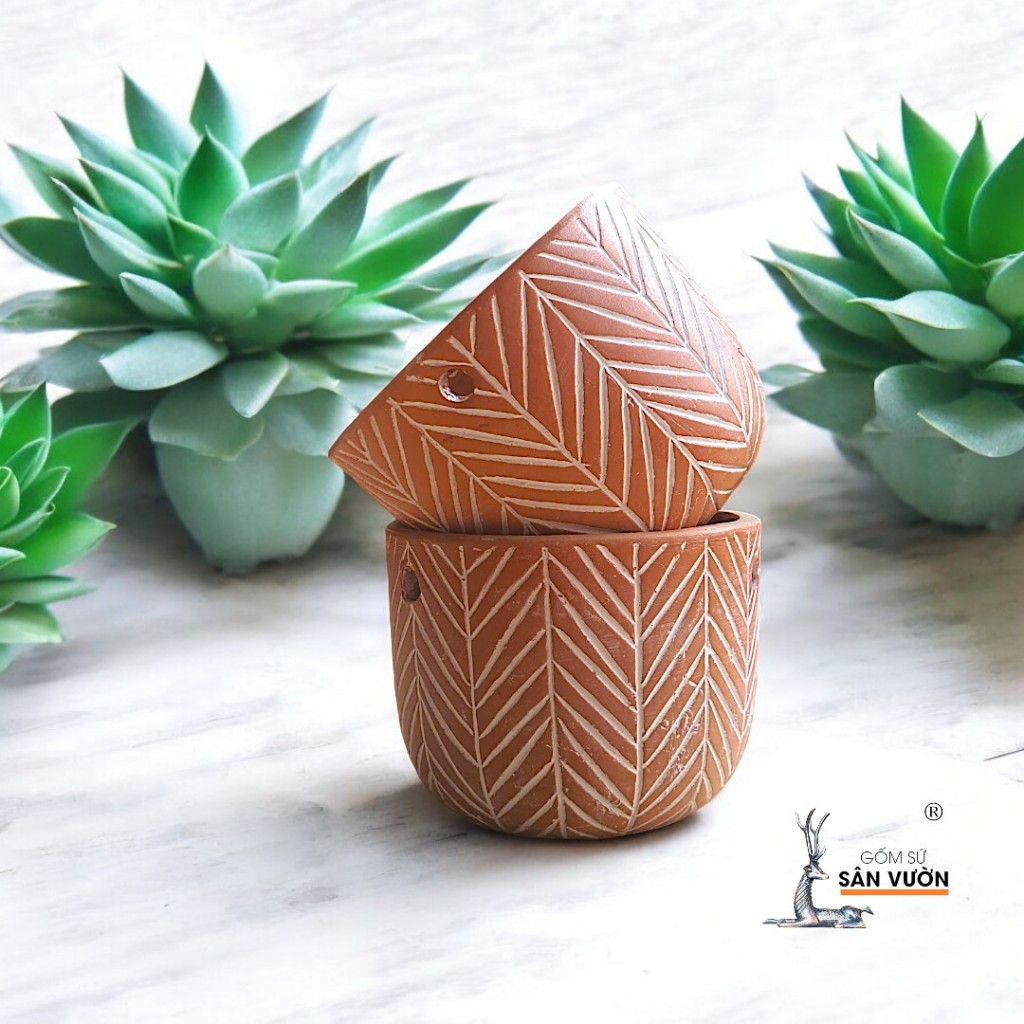 Chậu Treo Dây Gốm Đất Nung Hoa Văn Xương Cá - Gốm Sứ Sân Vườn