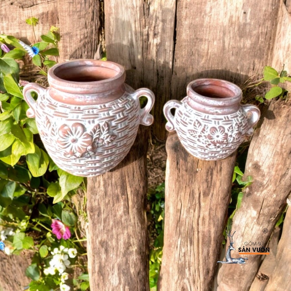 Chậu Treo Ốp Tường Gốm Đất Nung Kiểu Bình 2 Quai - Gốm Sứ Sân Vườn