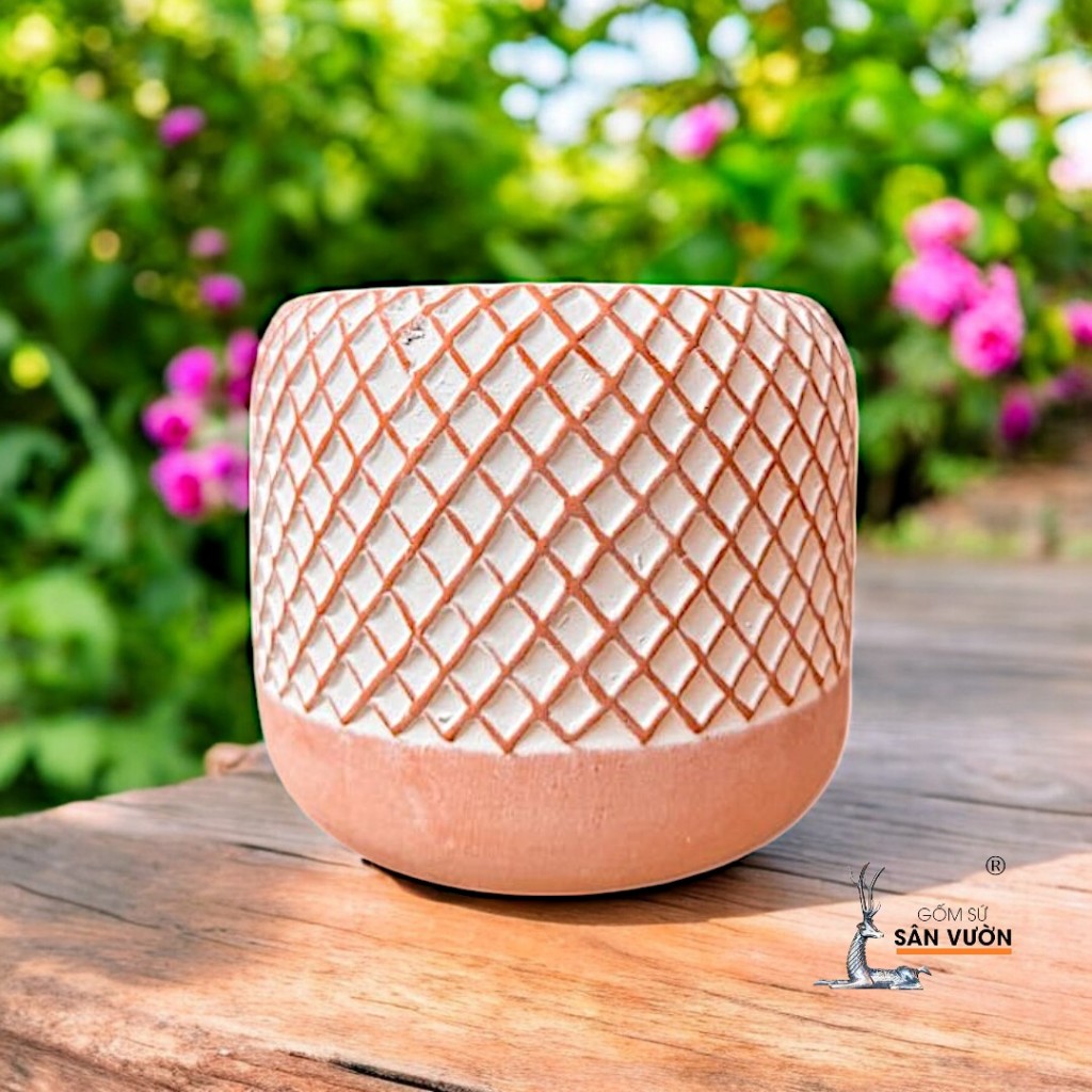 Chậu Gốm Đất Nung Dáng Trụ Tròn Vân Đan Lưới - Gốm Sứ Sân Vườn