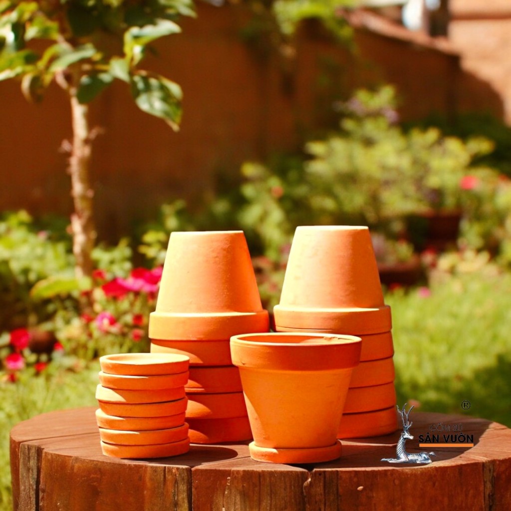 Combo 10 Chậu Gốm Đất Nung Ly Gờ Cao ( Size Vừa ) + Đĩa Lót - Gốm Sứ Sân Vườn