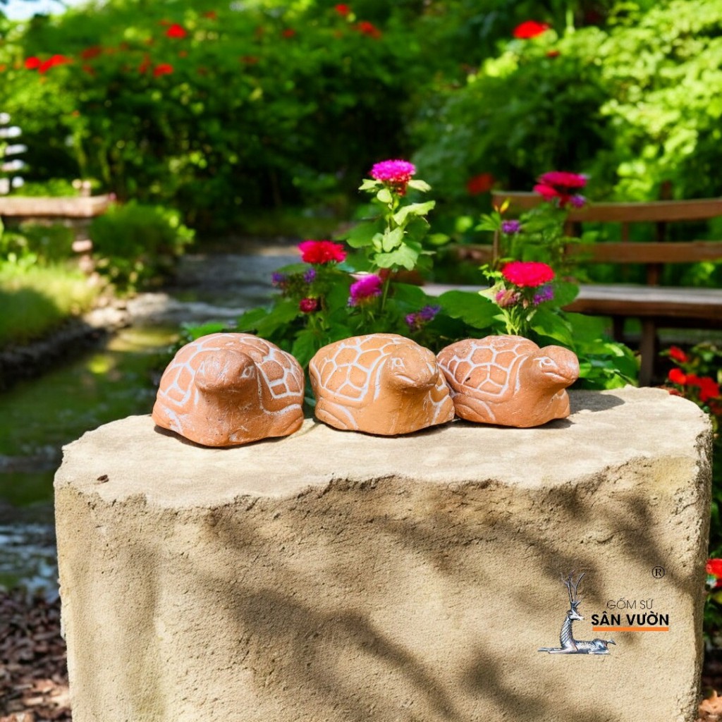 Bộ 3 Viên Kê Chậu Gốm Đất Nung Hình Rùa - Gốm Sứ Sân Vườn