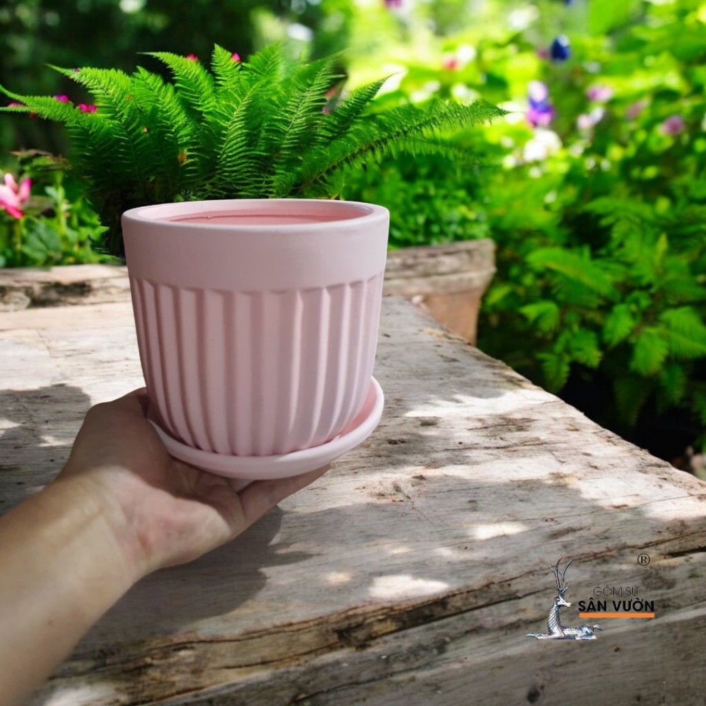 Combo Đĩa Lót Và Chậu Gốm Đất Nung Hình Trái Khế Sơn Màu Pastel - Gốm Sứ Sân Vườn