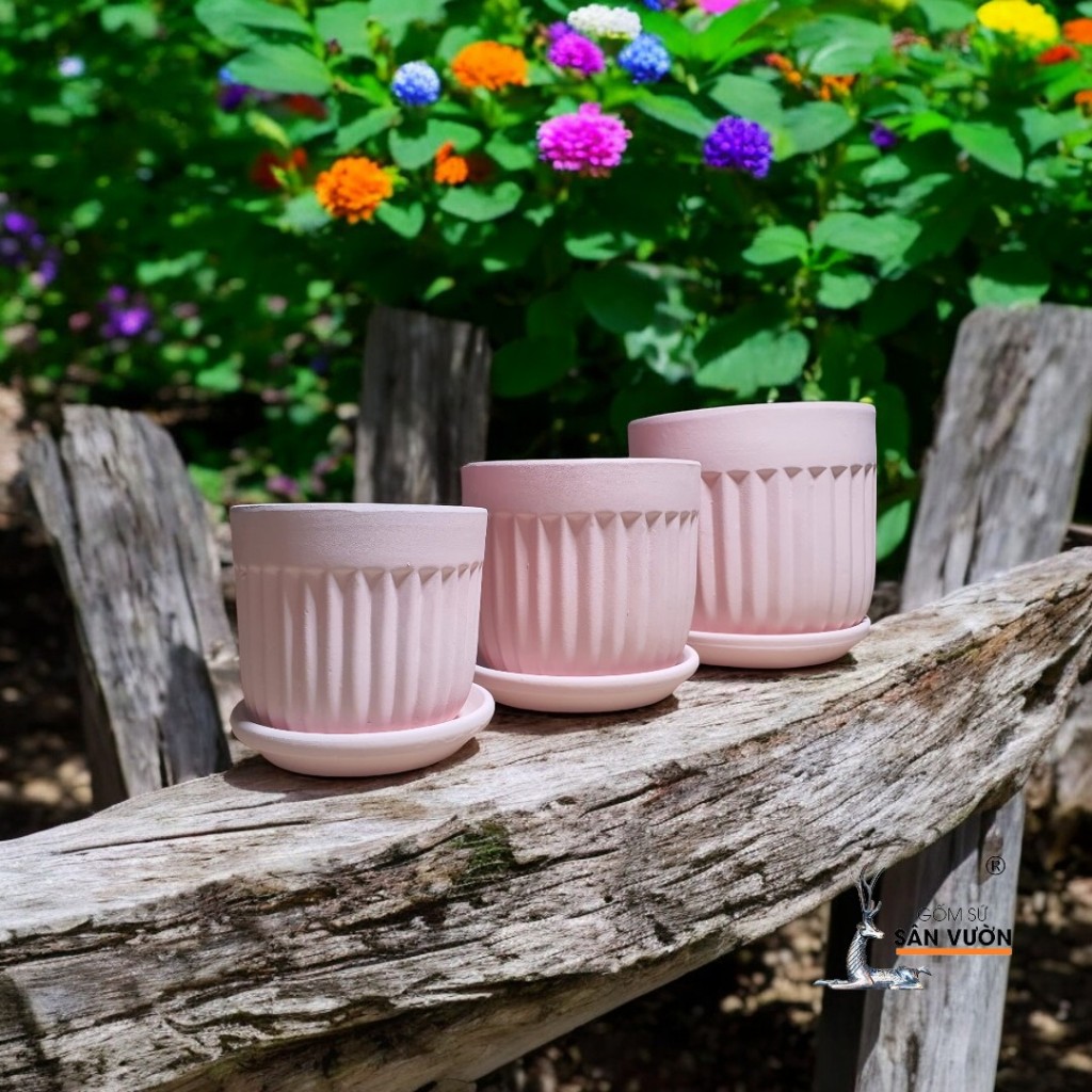 Combo Đĩa Lót Và Chậu Gốm Đất Nung Hình Trái Khế Sơn Màu Pastel - Gốm Sứ Sân Vườn