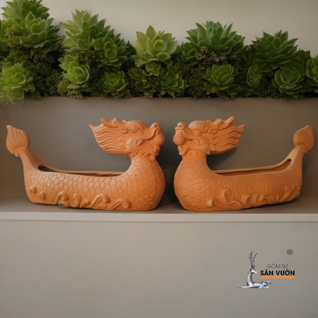 Chậu Gốm Đất Nung Hình Thuyền Rồng - Gốm Sứ Sân Vườn