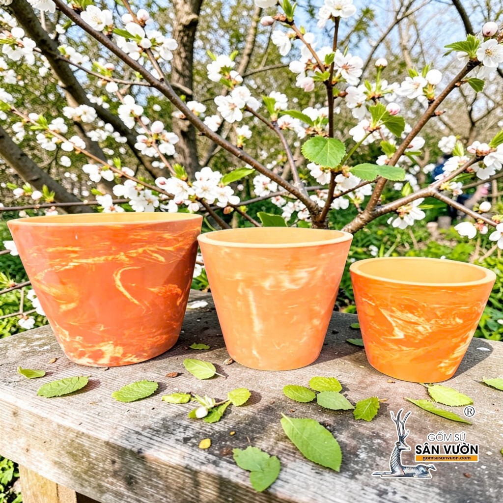 Chậu Gốm Đất Nung Dáng Vót Vuông Màu Loang Marble - Gốm Sứ Sân Vườn