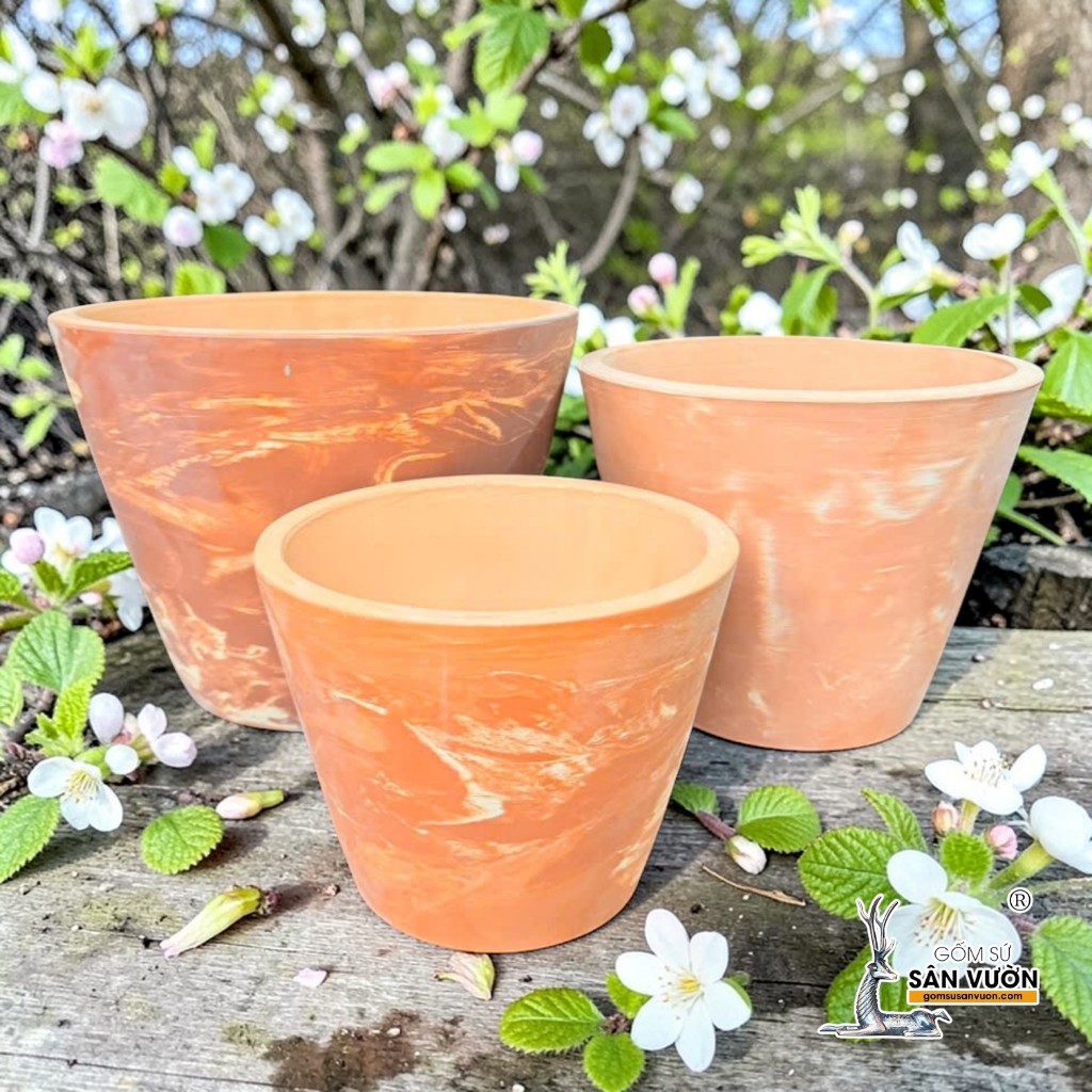 Chậu Gốm Đất Nung Dáng Vót Vuông Màu Loang Marble - Gốm Sứ Sân Vườn