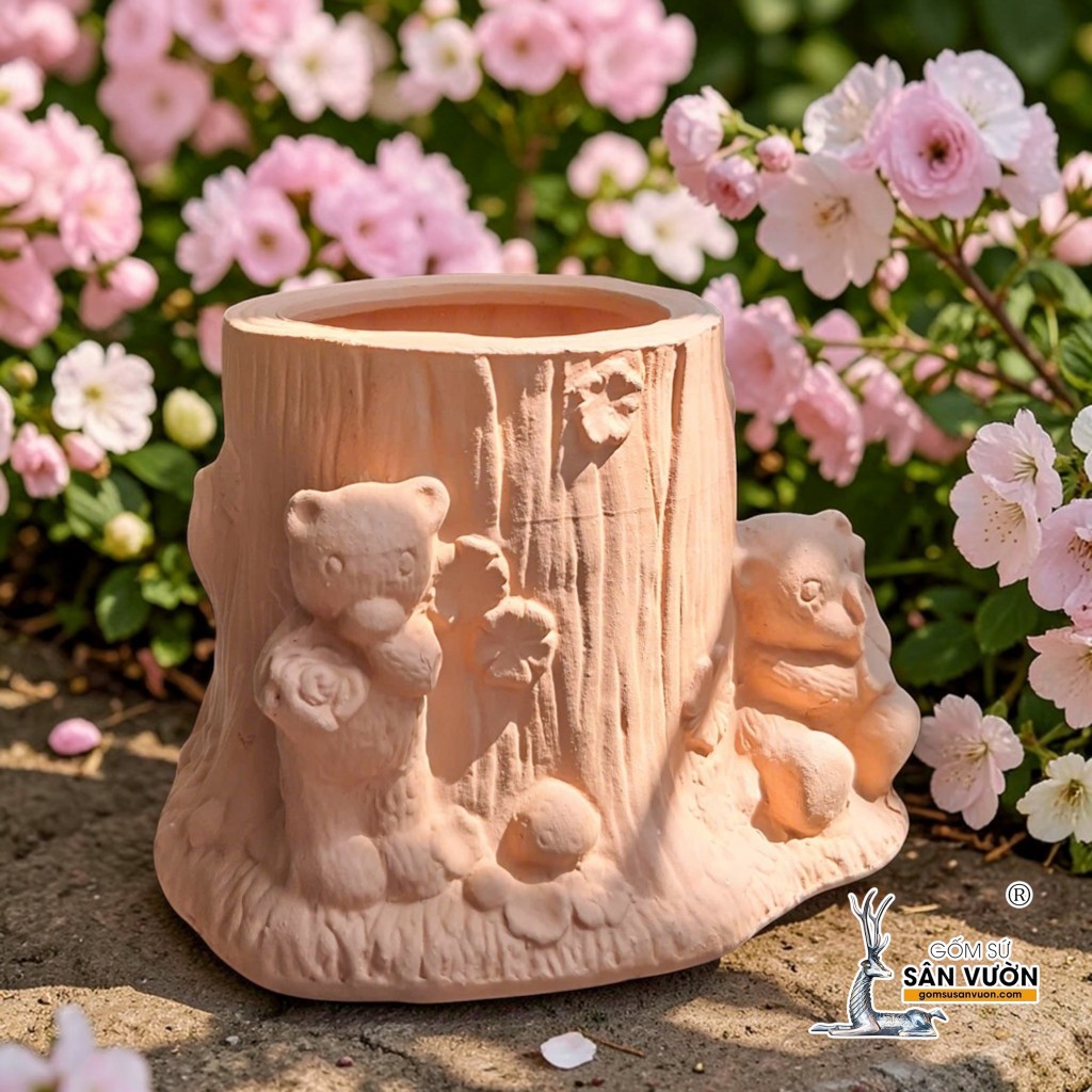 Chậu Gốm Đất Nung Hình Gốc Cây Và 2 Chú Gấu - Gốm Sứ Sân Vườn