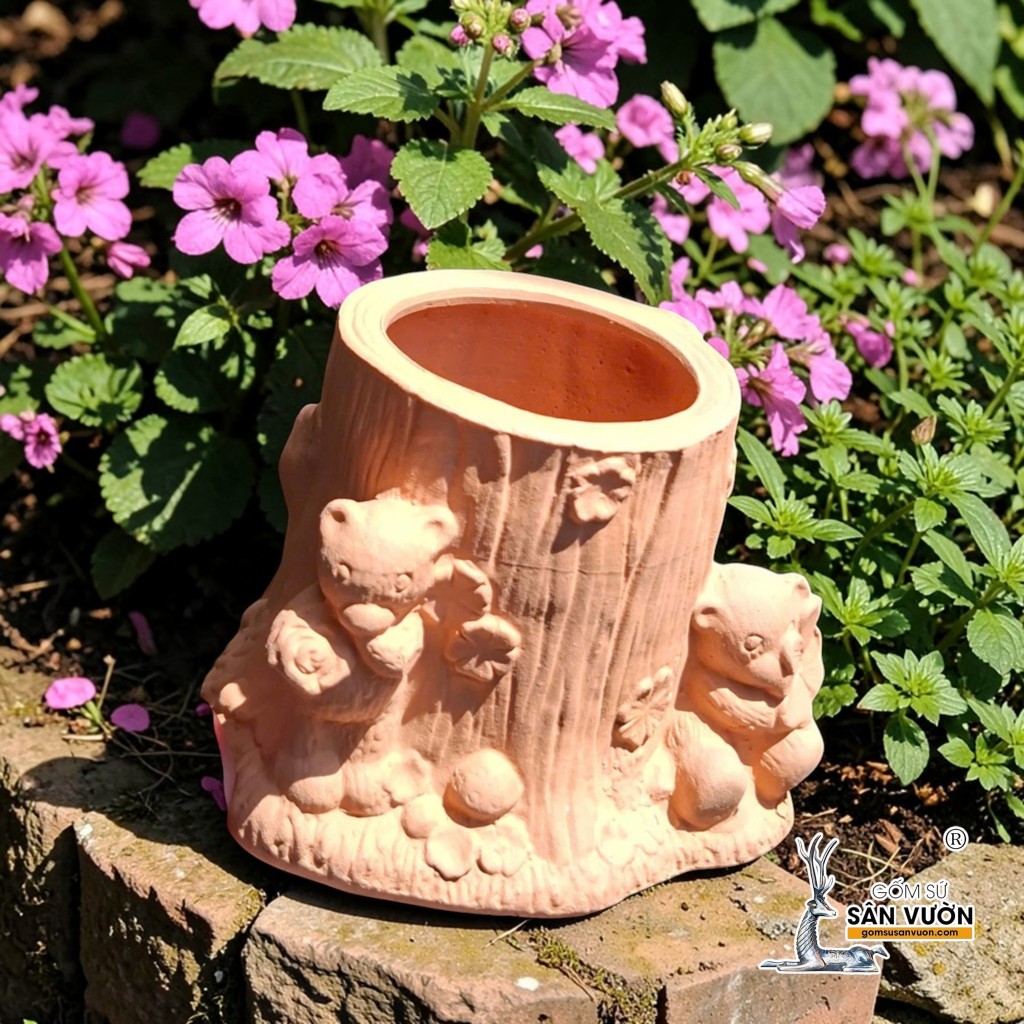 Chậu Gốm Đất Nung Hình Gốc Cây Và 2 Chú Gấu - Gốm Sứ Sân Vườn