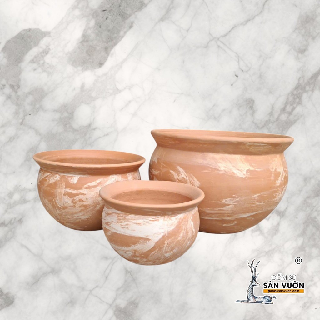 Chậu Gốm Đất Nung Dáng Thau Màu Loang Marble - Gốm Sứ Sân Vườn