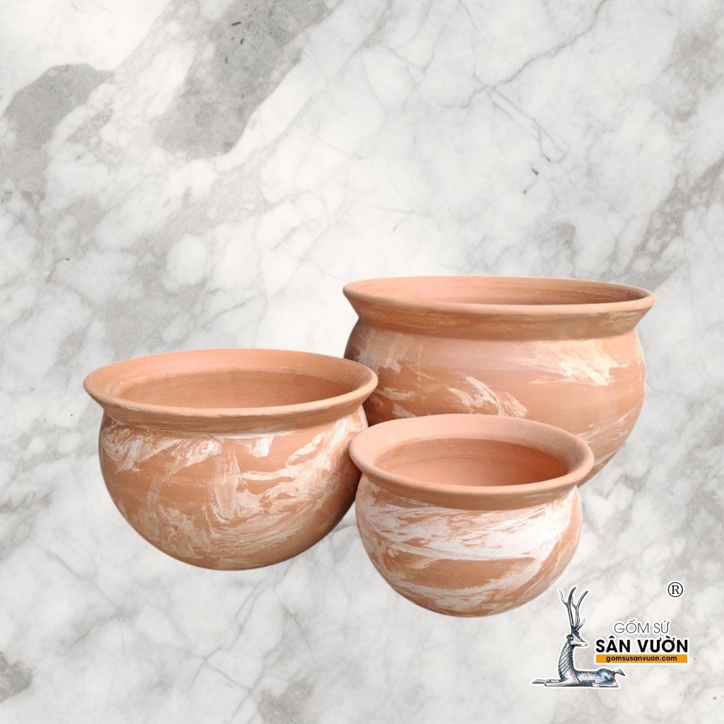 Chậu Gốm Đất Nung Dáng Thau Màu Loang Marble - Gốm Sứ Sân Vườn