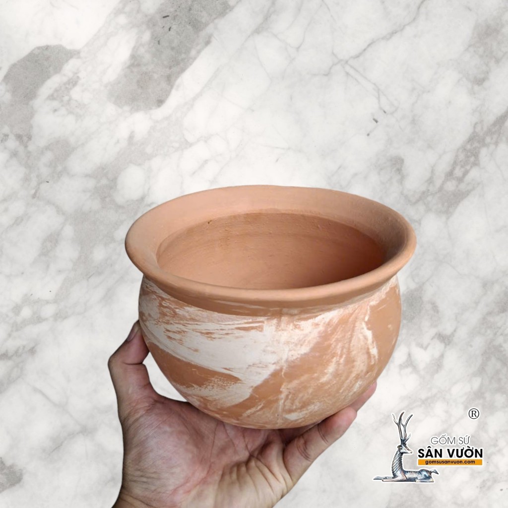 Chậu Gốm Đất Nung Dáng Thau Màu Loang Marble - Gốm Sứ Sân Vườn