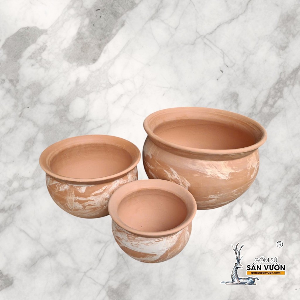 Chậu Gốm Đất Nung Dáng Thau Màu Loang Marble - Gốm Sứ Sân Vườn