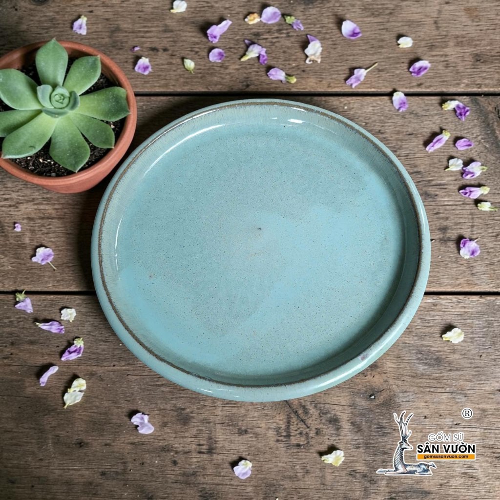 Đĩa Lót Chậu Gốm Đất Nung Sơn Wax Xám - Gốm Sứ Sân Vườn