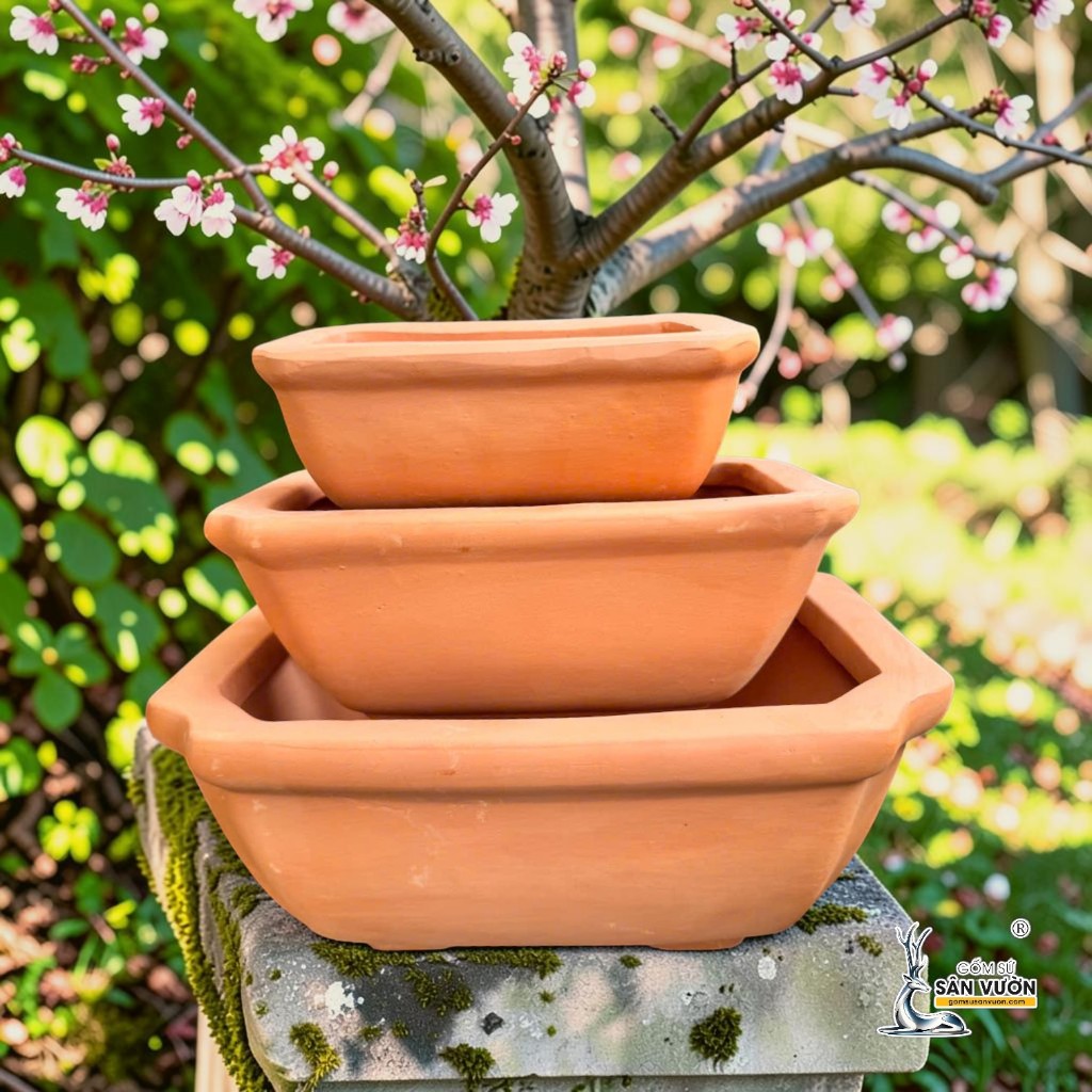 Chậu Gốm Đất Nung Hình Chữ Nhật Bo Góc Trồng Bonsai - Gốm Sứ Sân Vườn
