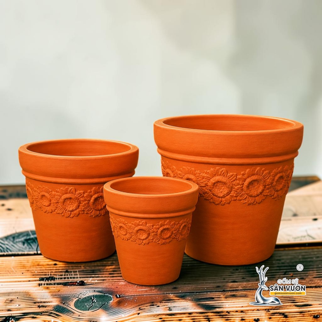 Bộ 3 Chậu Ly Gờ Vân Hoa Hướng Dương - Gốm Sứ Sân Vườn