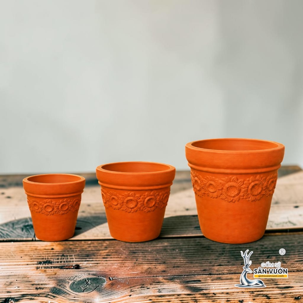 Bộ 3 Chậu Ly Gờ Vân Hoa Hướng Dương - Gốm Sứ Sân Vườn