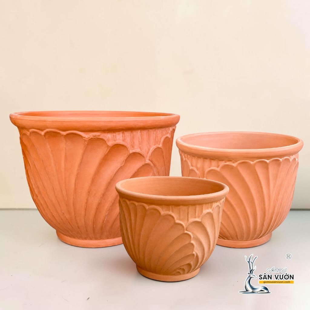 Bộ 3 Chậu Bầu Miệng Loe Họa Tiết Vỏ Sò - Gốm Sứ Sân Vườn