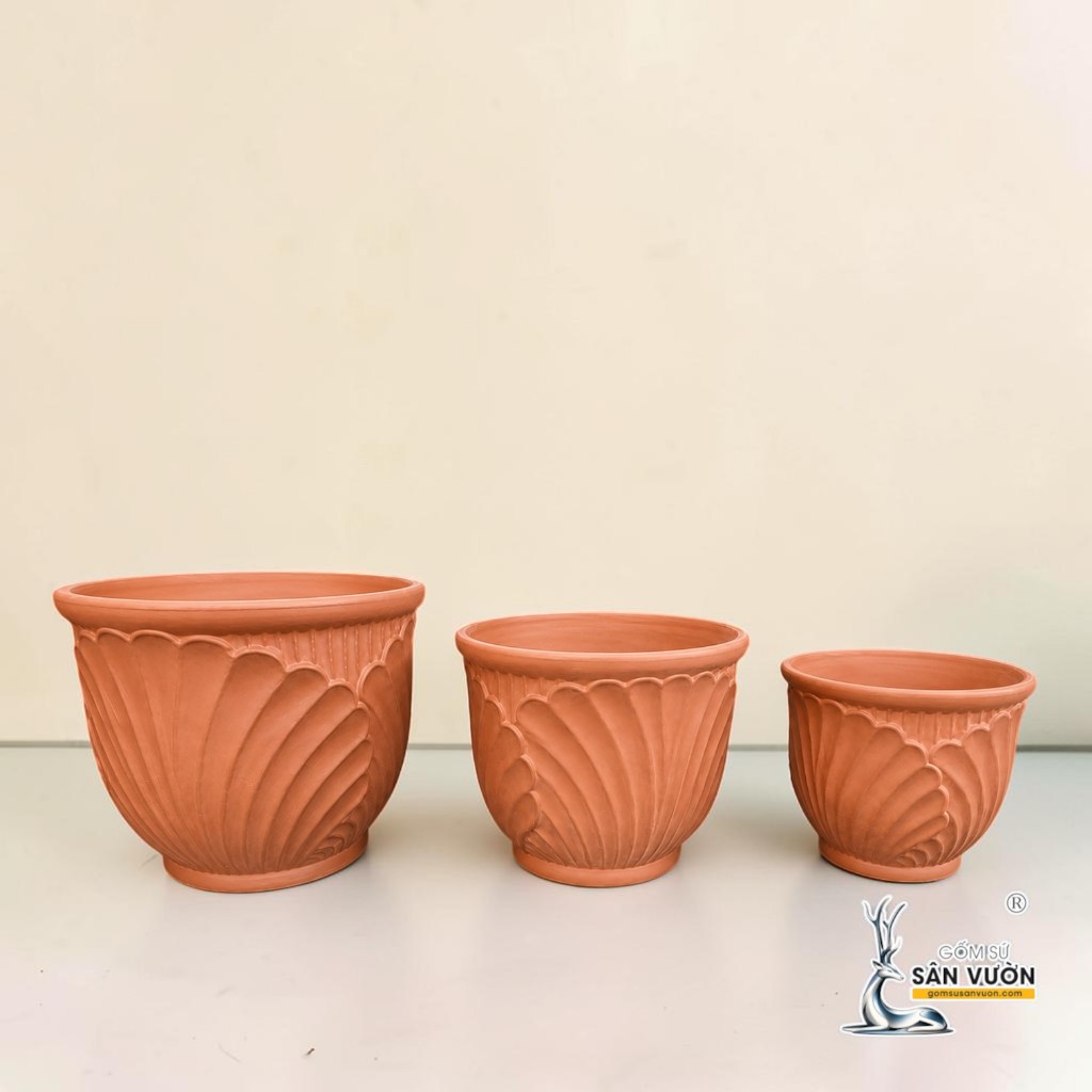 Bộ 3 Chậu Bầu Miệng Loe Họa Tiết Vỏ Sò - Gốm Sứ Sân Vườn