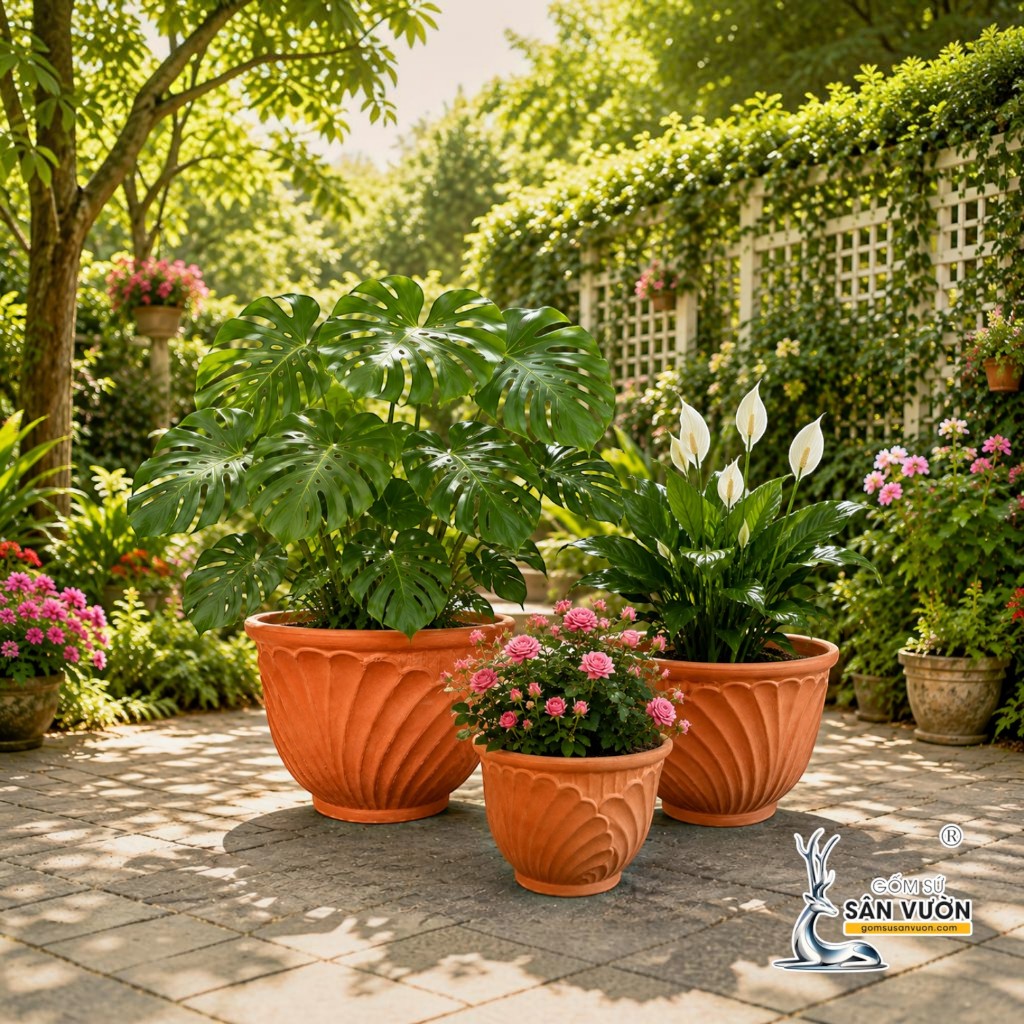 Bộ 3 Chậu Bầu Miệng Loe Họa Tiết Vỏ Sò - Gốm Sứ Sân Vườn