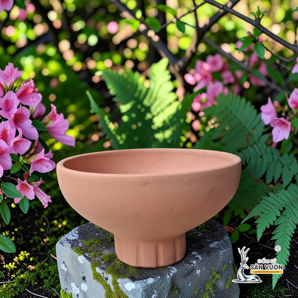 Chậu Gốm Đất Nung Hình Cúp Trơn Chân Sọc - Ngang 23cm x Cao 13.5cm - Gốm Sứ Sân Vườn