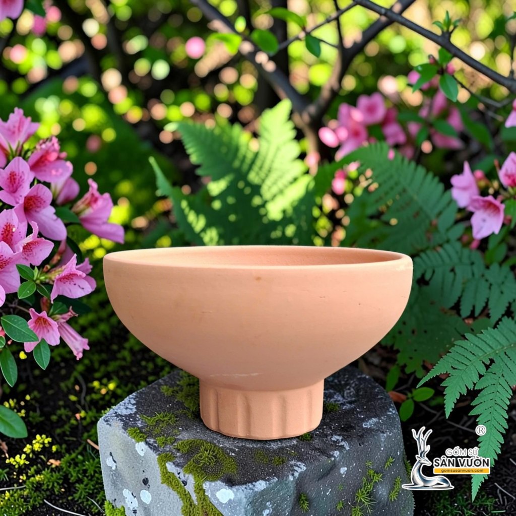 Chậu Gốm Đất Nung Hình Cúp Trơn Chân Sọc - Ngang 23cm x Cao 13.5cm - Gốm Sứ Sân Vườn