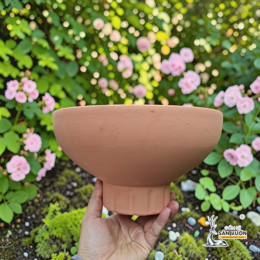 Chậu Gốm Đất Nung Hình Cúp Trơn Chân Sọc - Ngang 23cm x Cao 13.5cm - Gốm Sứ Sân Vườn
