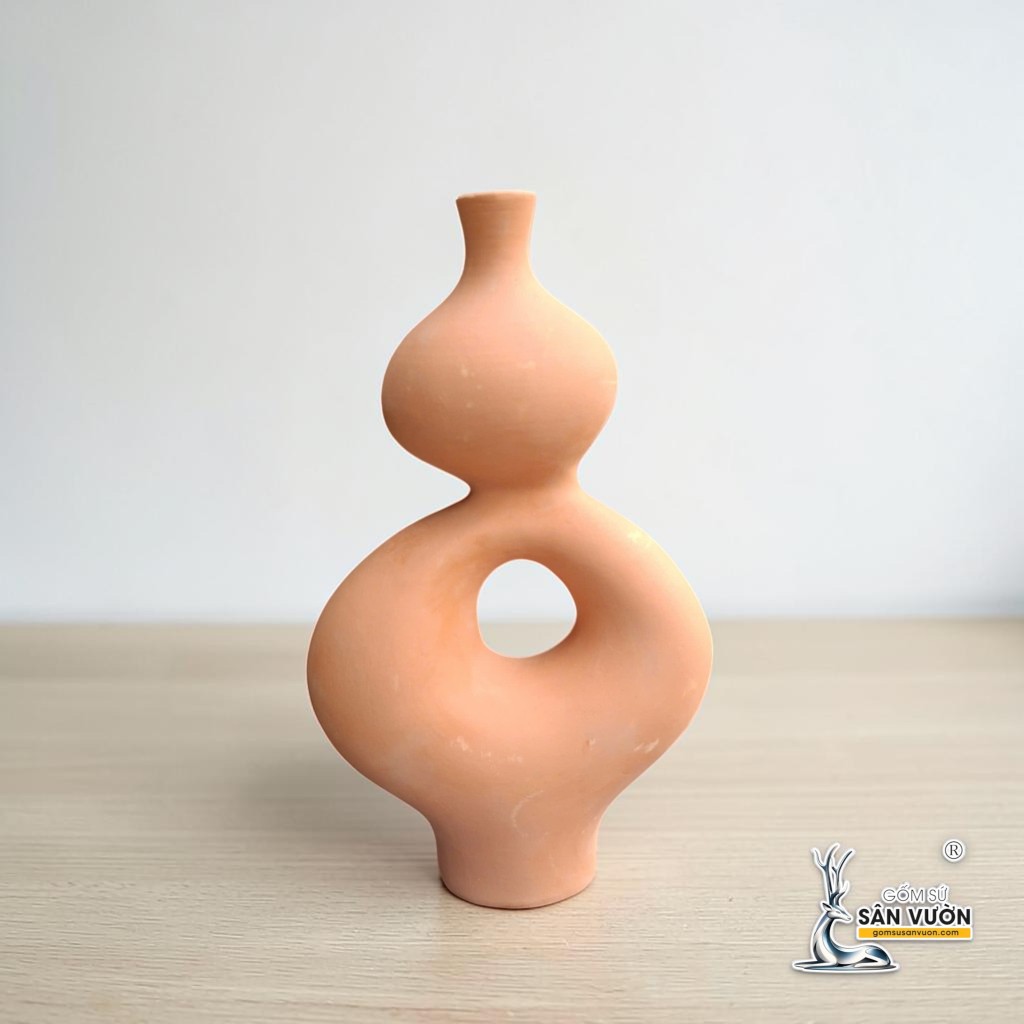Bình Gốm Hồ Lô Xuyên Tâm - Cao 24 cm x Miệng  3,5 cm - Gốm Sứ Sân Vườn