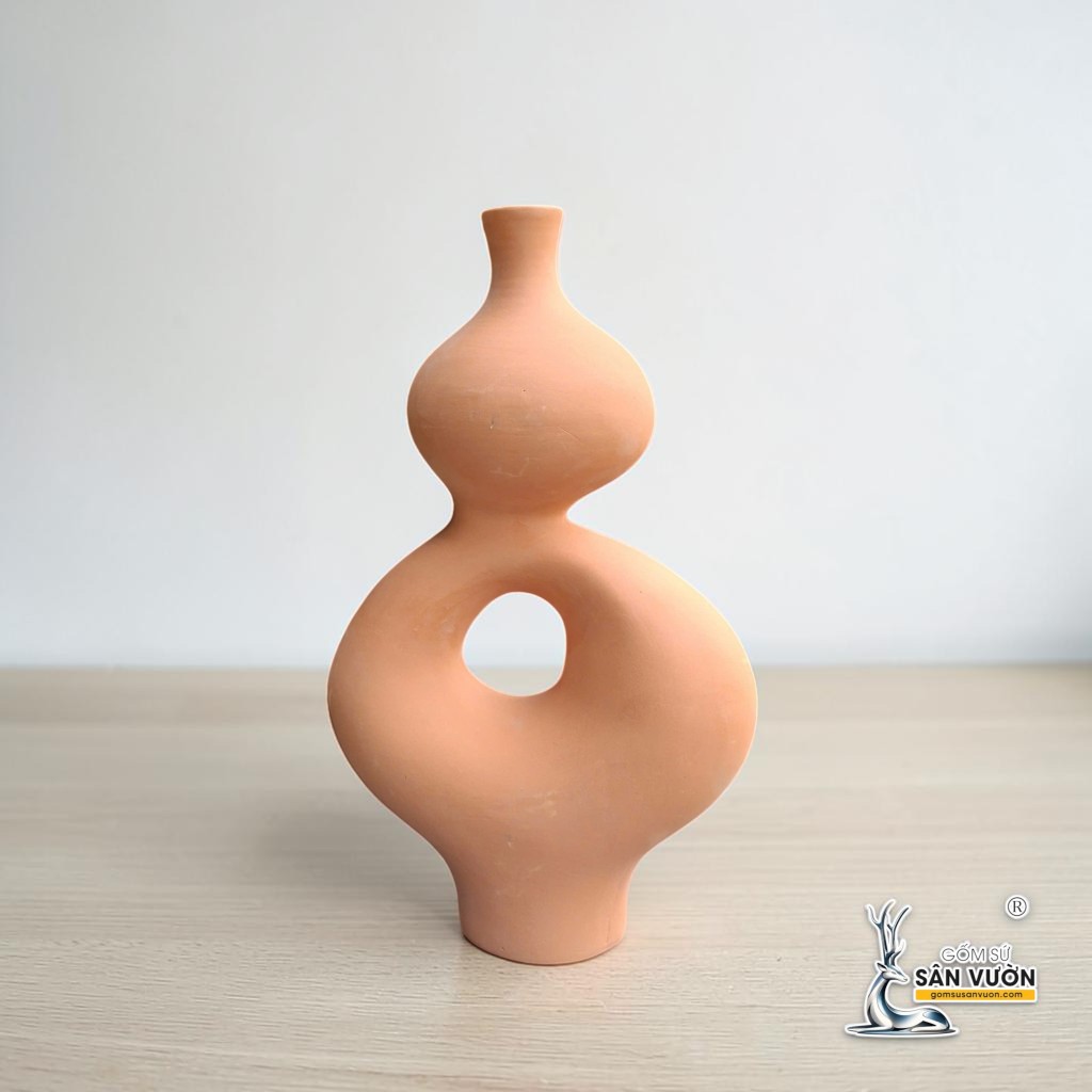 Bình Gốm Hồ Lô Xuyên Tâm - Cao 24 cm x Miệng  3,5 cm - Gốm Sứ Sân Vườn