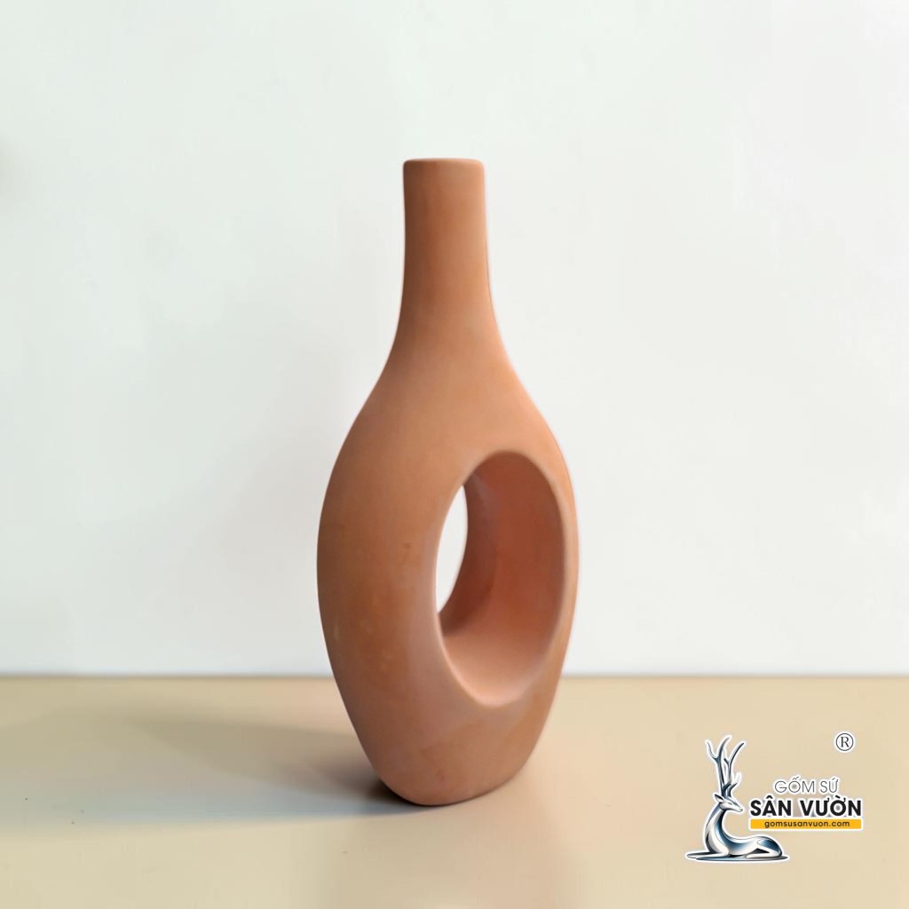 Bình Gốm Bầu Cổ Cao Xuyên Tâm -  Cao 30cm x Miệng 3cm - Gốm Sứ Sân Vườn