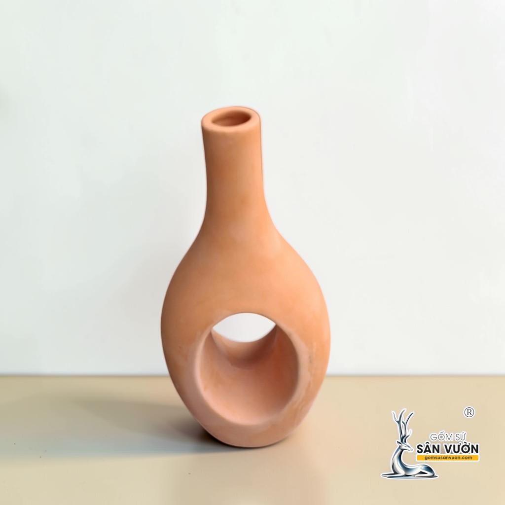 Bình Gốm Bầu Cổ Cao Xuyên Tâm -  Cao 30cm x Miệng 3cm - Gốm Sứ Sân Vườn
