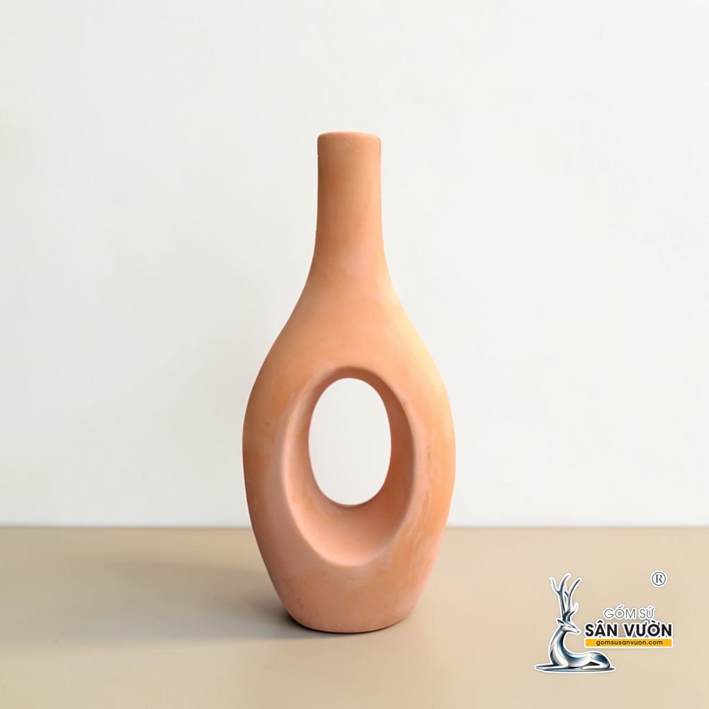Bình Gốm Bầu Cổ Cao Xuyên Tâm -  Cao 30cm x Miệng 3cm - Gốm Sứ Sân Vườn