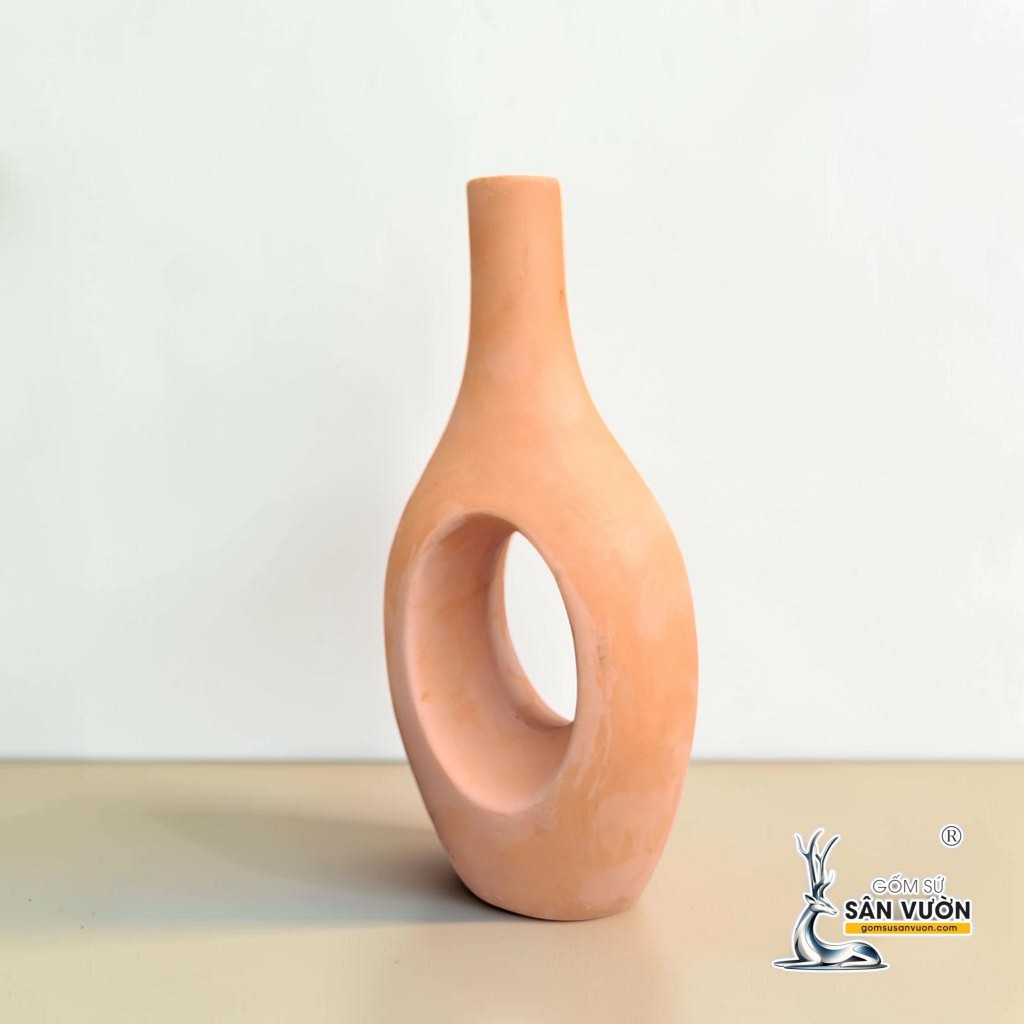 Bình Gốm Bầu Cổ Cao Xuyên Tâm -  Cao 30cm x Miệng 3cm - Gốm Sứ Sân Vườn