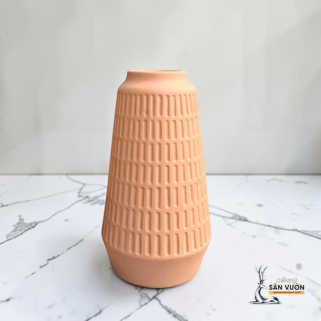 Bình Gốm Trụ Côn Vân Sọc Dọc - Cao 28cm x  Miệng 8cm - Gốm Sứ Sân Vườn