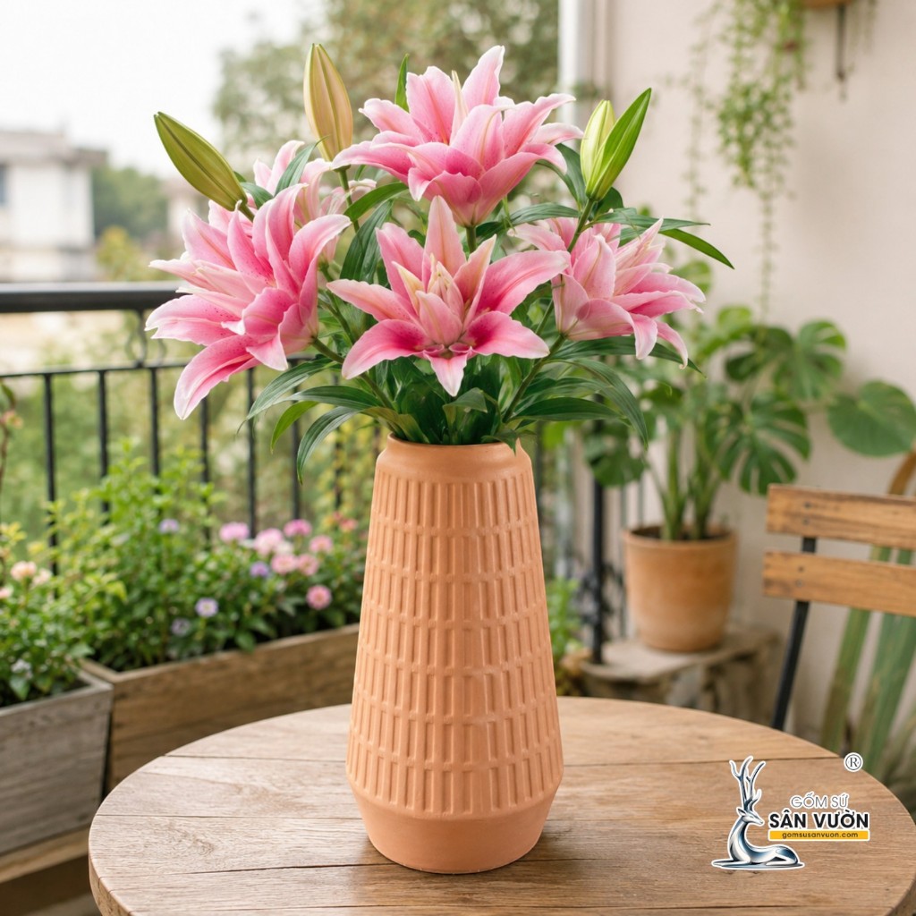 Bình Gốm Trụ Côn Vân Sọc Dọc - Cao 28cm x  Miệng 8cm - Gốm Sứ Sân Vườn