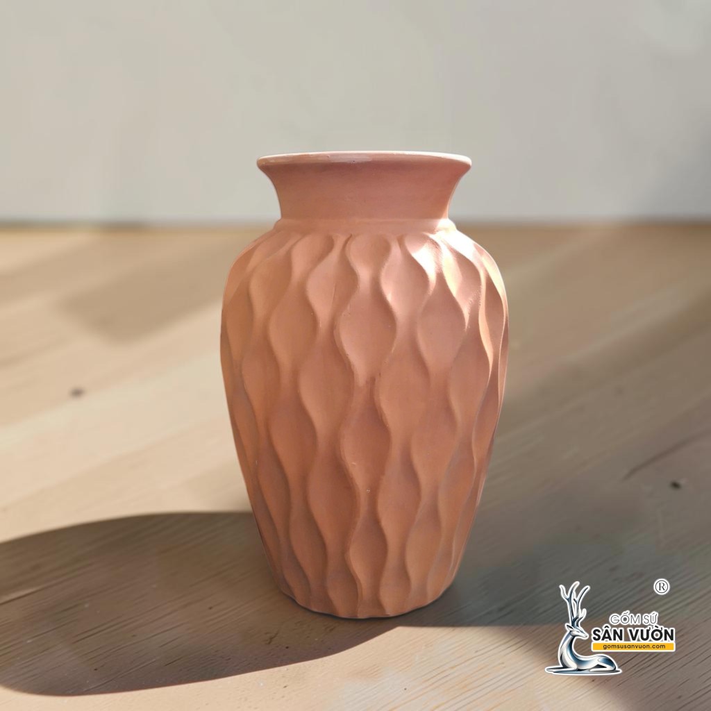 Bình Gốm Miệng Loe Vân Lượn Sóng Dọc -  Cao 32cm x Miệng 15 cm - Gốm Sứ Sân Vườn
