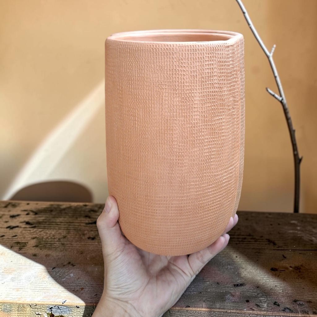 Chậu Gốm Đất Nung Hình Ống Vân Hoa Cúc/ Vân Lưới Cào - Cao 23cm x Đường Kính 13cm - Gốm Sứ Sân Vườn