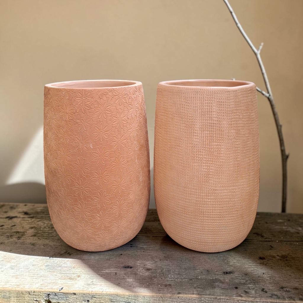 Chậu Gốm Đất Nung Hình Ống Vân Hoa Cúc/ Vân Lưới Cào - Cao 23cm x Đường Kính 13cm - Gốm Sứ Sân Vườn