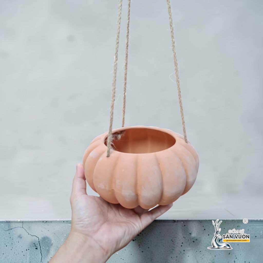 Chậu Treo Dây Gốm Đất Nung Hình Bí Ngô 18 x 10 cm - Gốm Sứ Sân Vườn