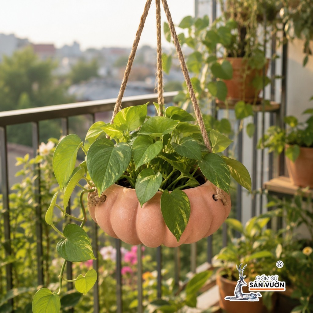 Chậu Treo Dây Gốm Đất Nung Hình Bí Ngô 18 x 10 cm - Gốm Sứ Sân Vườn