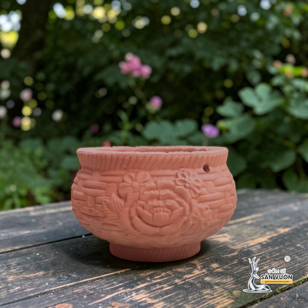 Chậu Treo Dây Gốm Đất Nung Hình Chum Hoa Văn 15 x 10cm - Gốm Sứ Sân Vườn
