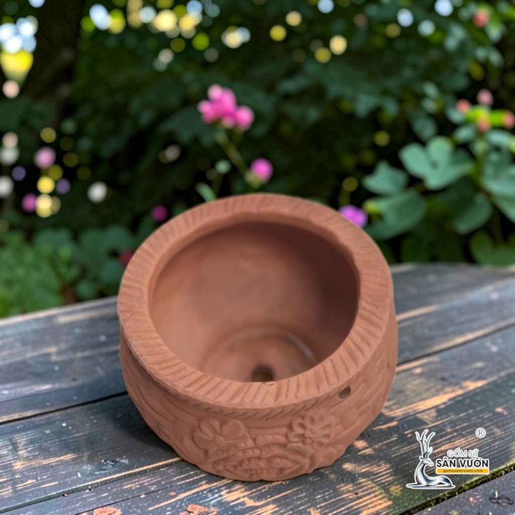Chậu Treo Dây Gốm Đất Nung Hình Chum Hoa Văn 15 x 10cm - Gốm Sứ Sân Vườn